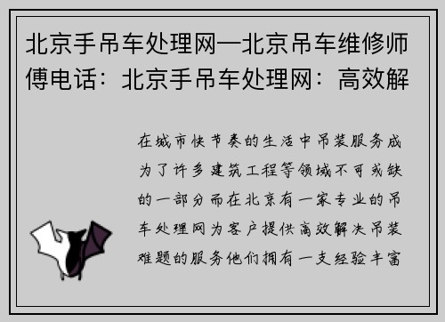 北京手吊车处理网—北京吊车维修师傅电话：北京手吊车处理网：高效解决吊装难题