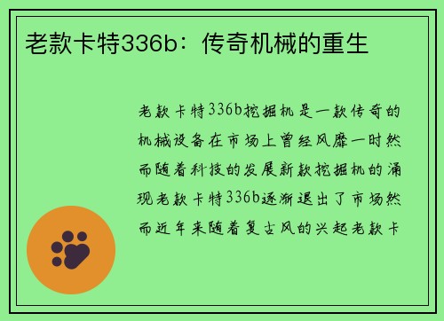 老款卡特336b：传奇机械的重生